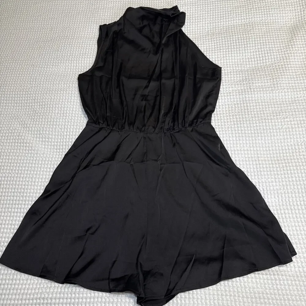 BTFBM Womens Satin Mock Neck Sleeveless Summer Shorts Romper Solid Black Lg NWT